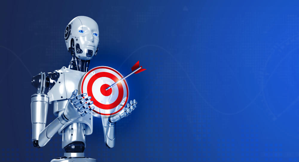10 rendering smart robot showing virtual red business target icon holding by hands with digital data on blue background with copy space ai robotic artificial intelligence human cyborg machine