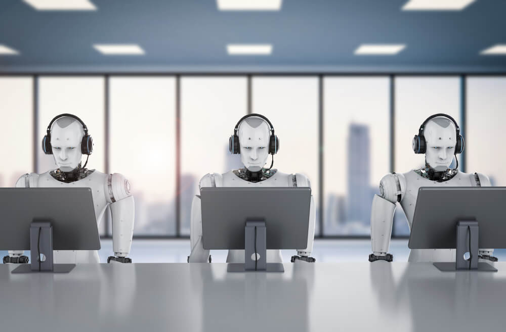 2 rendering humanoid robot working with headset and monitor