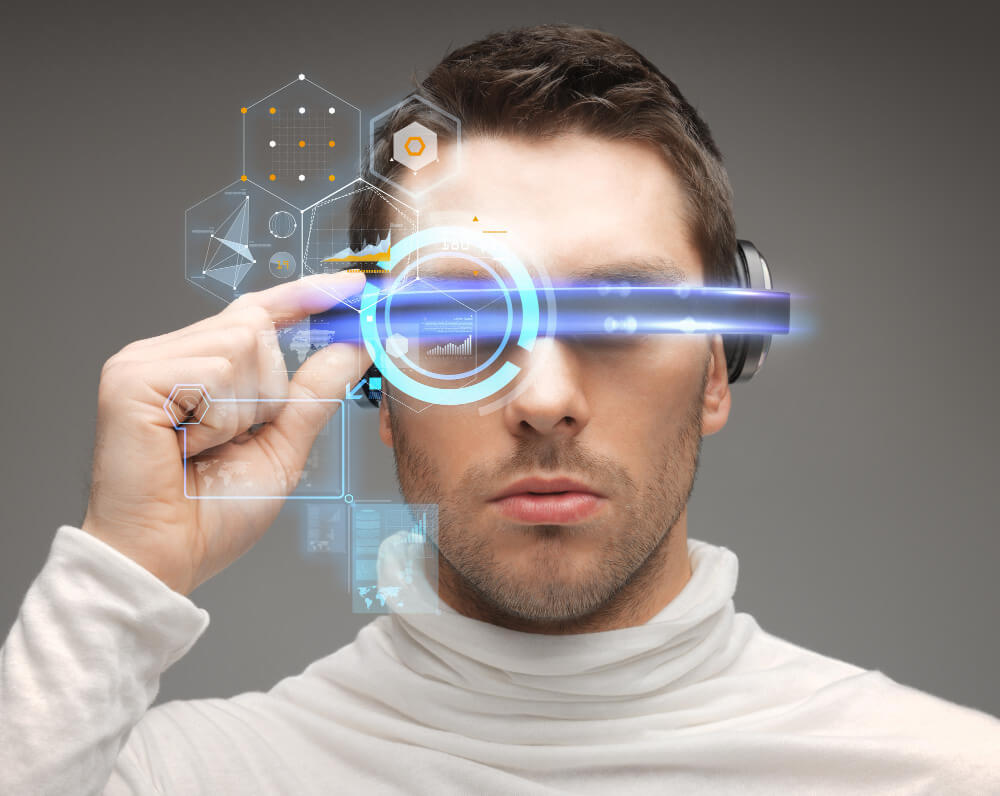 7 future technology and people concept man in futuristic glasses