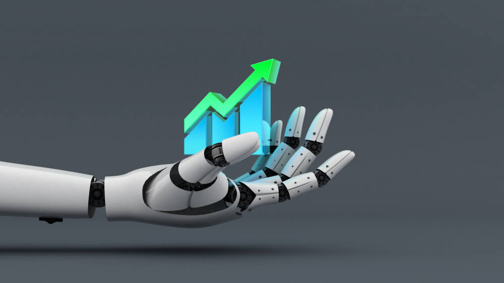 8 white robot hand hold increase graph chart icon technology assistant for industrial